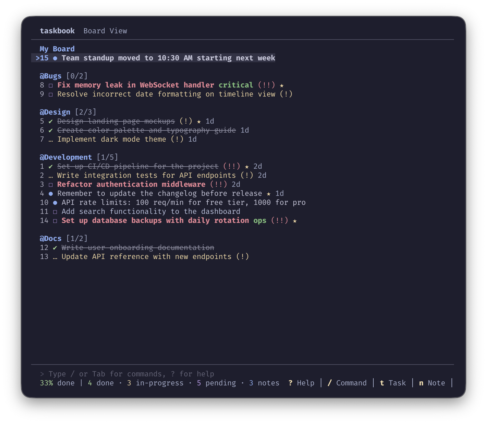 Taskbook board view showing tasks organized into boards with priorities, progress tracking, and status indicators
